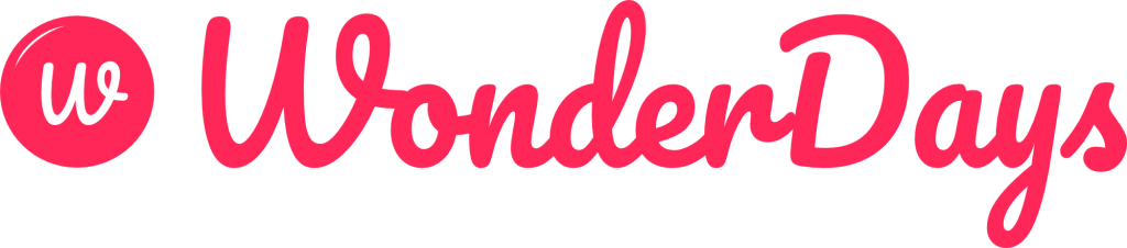 The logo for experience day company WonderDays, which is the word WonderDays in pink with a round pink disc with a white 'W' in the centre at the start.